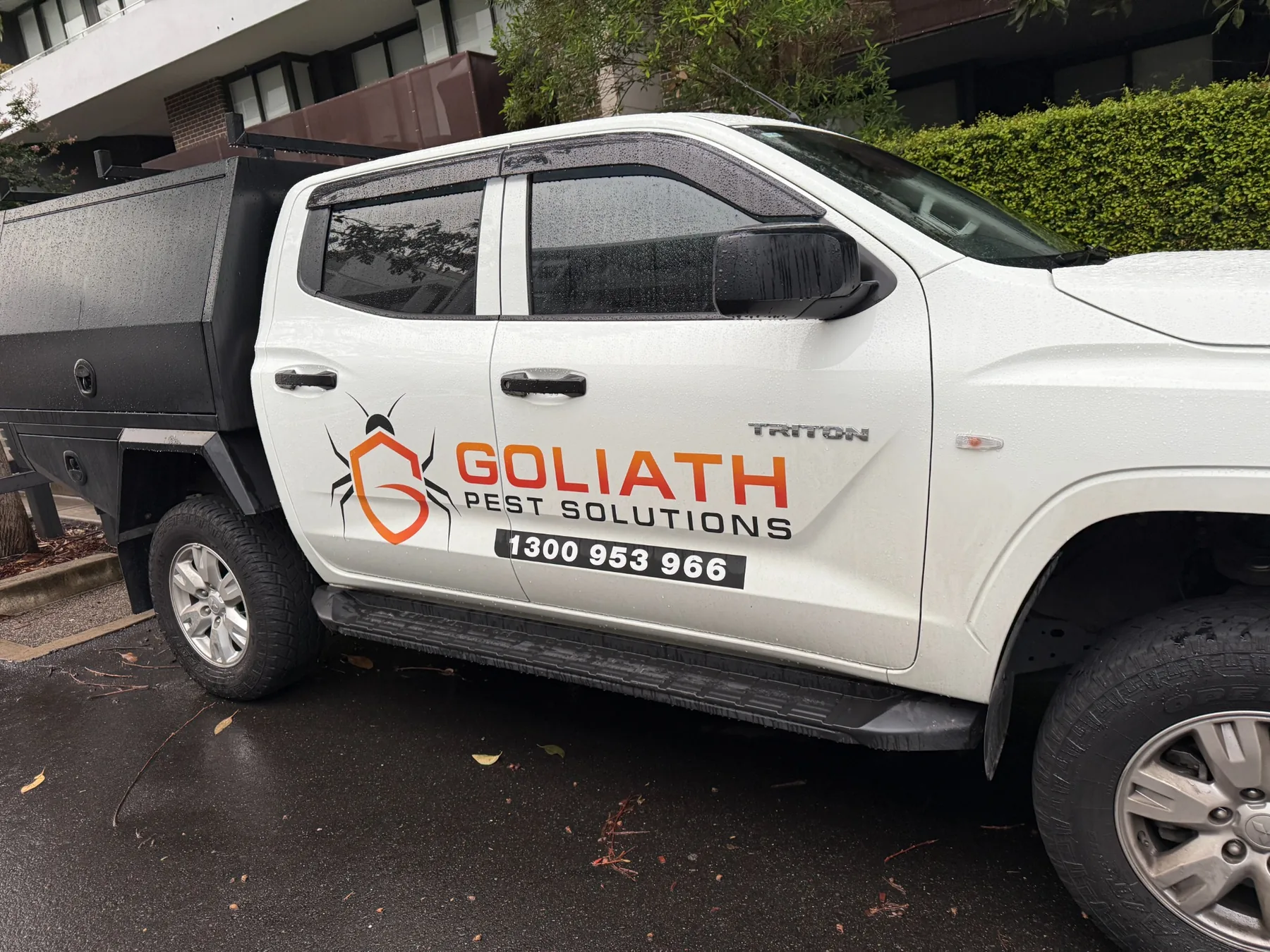 Close-up of Goliath Pest Solutions vehicle branding